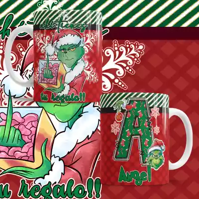 vectores plantilas PAQUETE DE 7 DISEñOS DIFERENTES DE NAVIDAD DEL PERSONAJE DEL GRINCH CON MONOGRAMAS